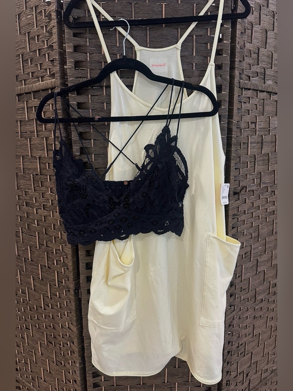 Free People Pale Yellow Tank Romper And Black Lace Bralette